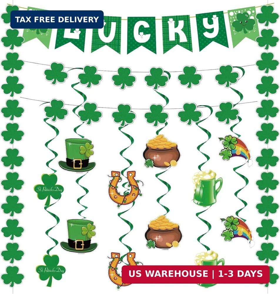 31Pcs St Patricks Day Decorations Pre-Assembled Shamrock Lucky Banner Garlands &
