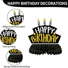 9 Pieces Birthday Table Decorations, Black and Gold Happy Birthday Honeycomb Cen