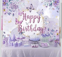 Purple Butterfly Birthday Backdrop for Girl, Purple Floral Butterfly Birthday Pa