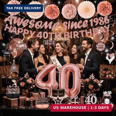 40th Birthday Decorations Kit for Women, Rose Gold Happy 40th Birthday Banner, A