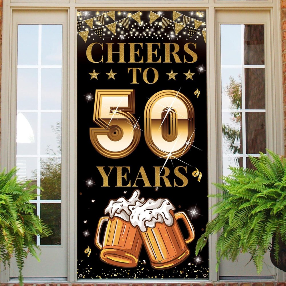 Cheers to 50 Years Door Banner, Happy 50th Birthday Decorations Black Gold