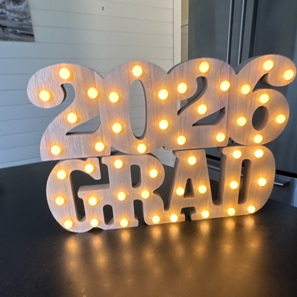 2026 Grad Lighted Marquee Sign Wood Look Battery Powered Beige