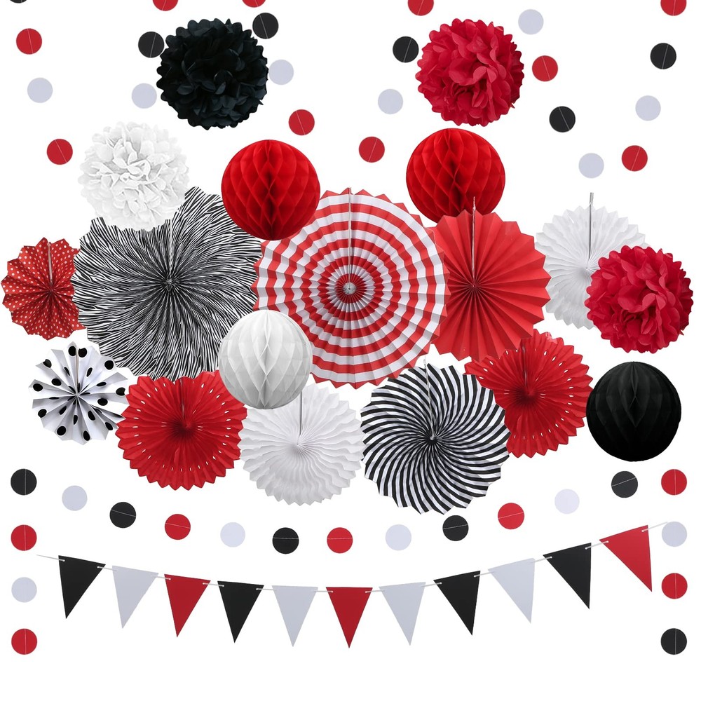 23Pcs Red Black Party Decorations with Hanging Fans Honeycomb Balls