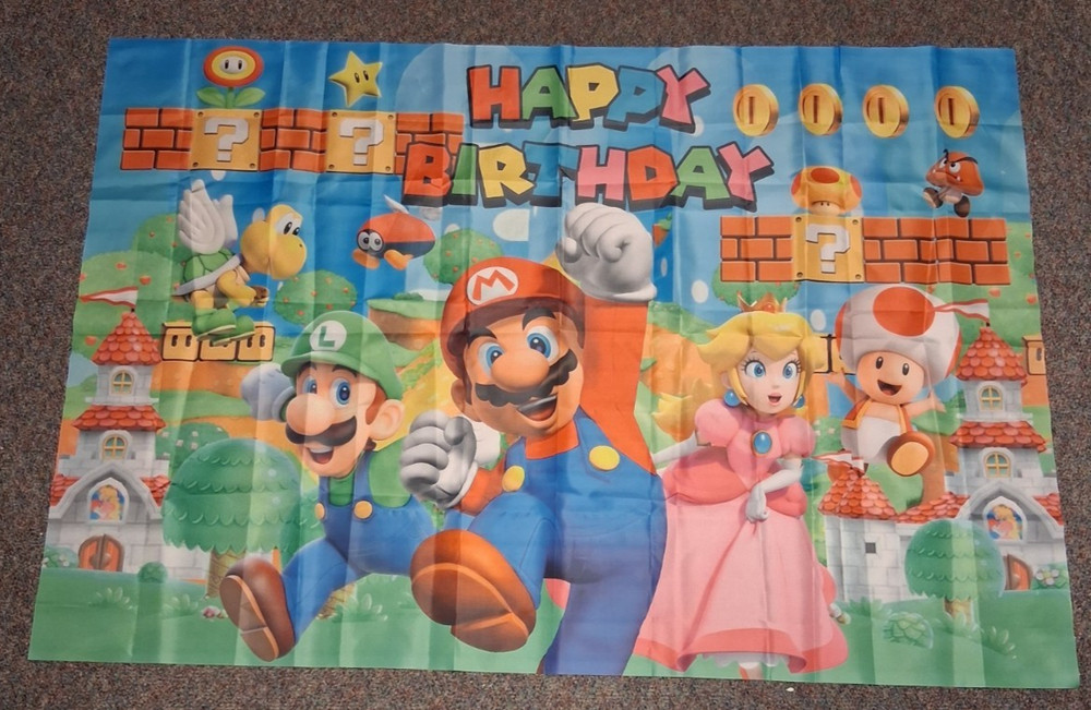 Mario Luigi Princess Peach Happy Birthday Backdrop Photo Banner 40”X 58.5”