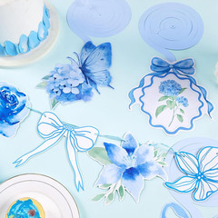 Blue Party Decorations, Blue Hydrangea Flower & Bow Themed Party Decorations, wi