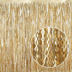 4 Pack Wavy Champagne Gold Metallic Tinsel Foil Fringe Curtains Backdrop – 3.3X6