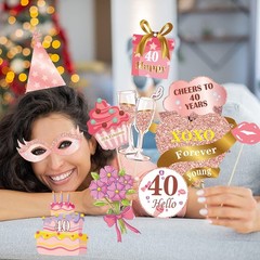 30PCS 40th Birthday Photo Booth Props, Rose Gold Inflatable Selfie Frame, Decor