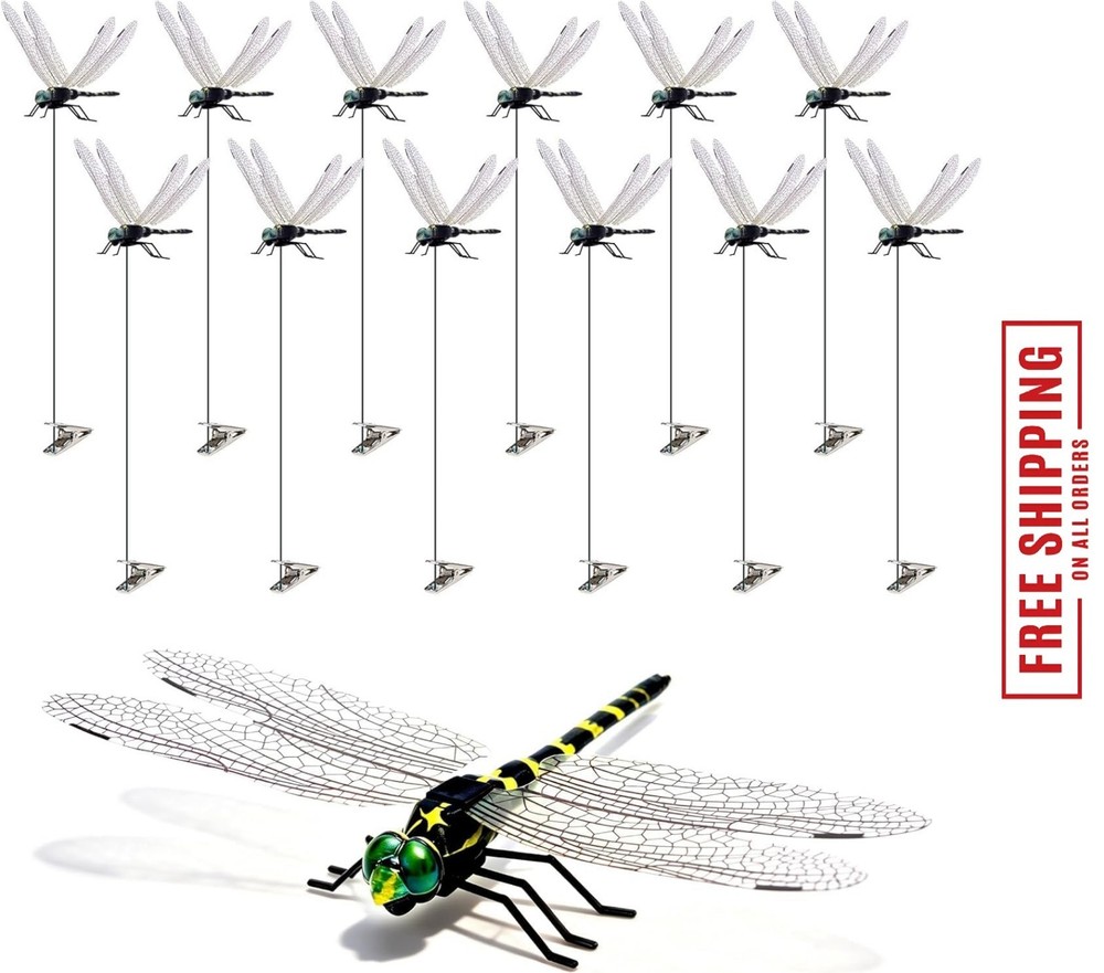 12 Pack 3D Dragonfly Clips, Fake Dragonflies with Stakes, Realistic Plastic Drag