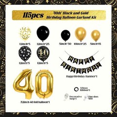 115pcs 40th Birthday Balloon Arch with Black Gold Balloon Garland Happy Birth…