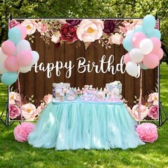 Floral Wood Birthday Backdrop Rustic Brown Wood Pink Flowers Happy Birthday P…