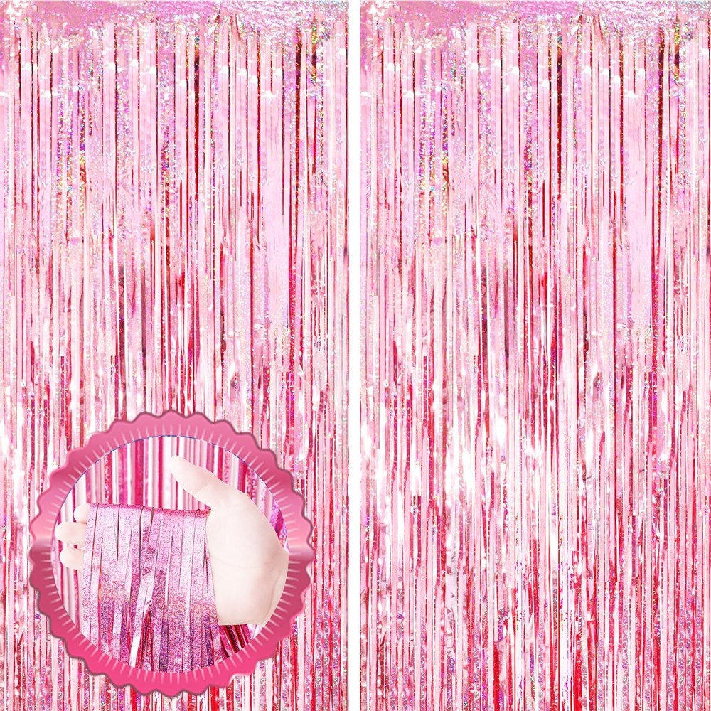 Sparkling Pink Tinsel Fringe Curtains 2 Pack, Foil Streamers Backdrop, Pink