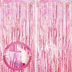 Sparkling Pink Tinsel Fringe Curtains 2 Pack, Foil Streamers Backdrop, Pink