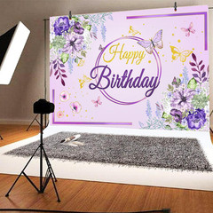 Birthday Party Background,Elegant Purple & Gold Floral Butterfly Happy Birthday