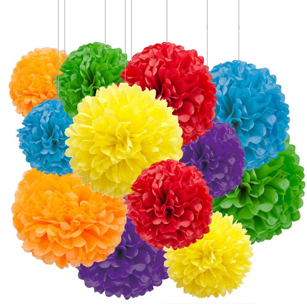12pcs Rainbow Hanging Pom Poms, Tissue Paper Flower Decorations for Party