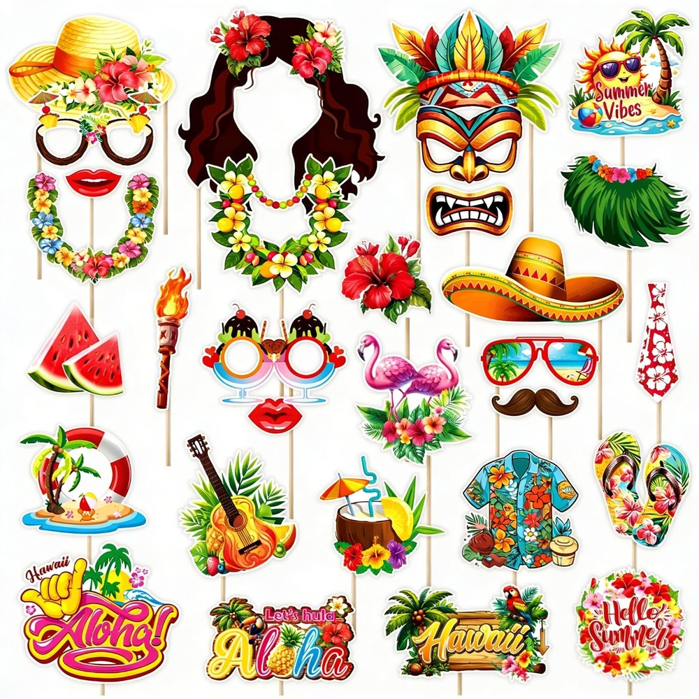 30 PCS Luau Party Decorations Photo Booth Props Kit Summer Hawaiian Tropical