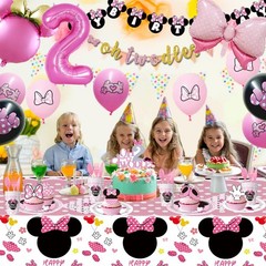 Pink Mouse Happy Birthday Banner Hanging Swirls Tablecloth Cake Topper Balloon