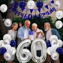 60Th Birthday Decorations for Men Women, Blue Silver White Birthday Balloons, Bl