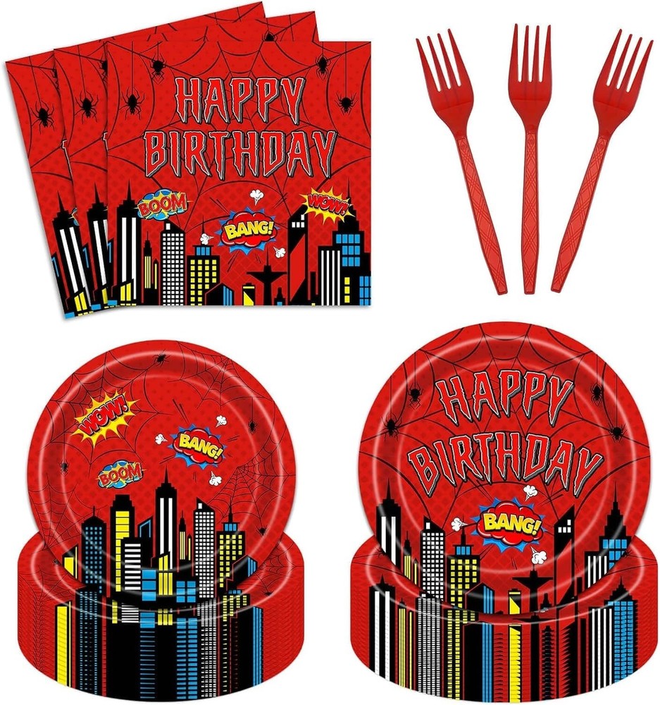 Spiderman Web Themed Birthday Disposable Tableware (Plates, Napkins, Forks)