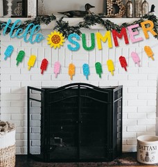 Glitter Hello Summer Banner with Sunflower Signs and Colorful Glittery Popsic…