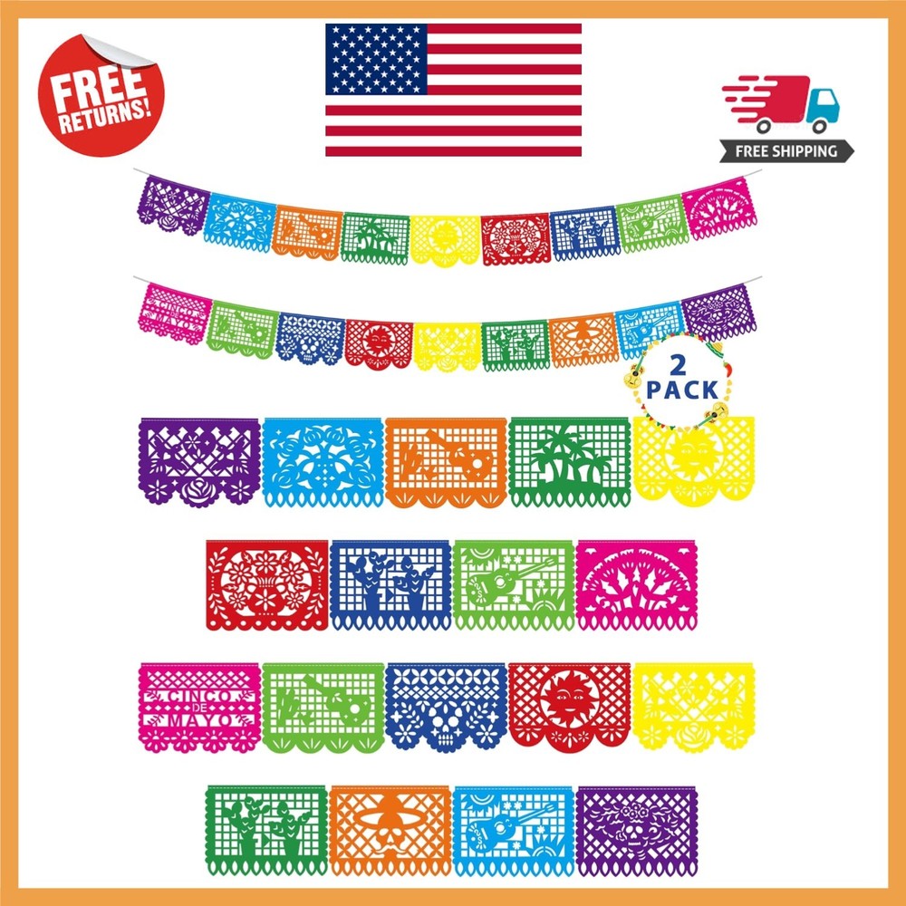 36 FT Mexican Party Banners, 2 Pack Colorful Papel Picado for Cinco De Mayo