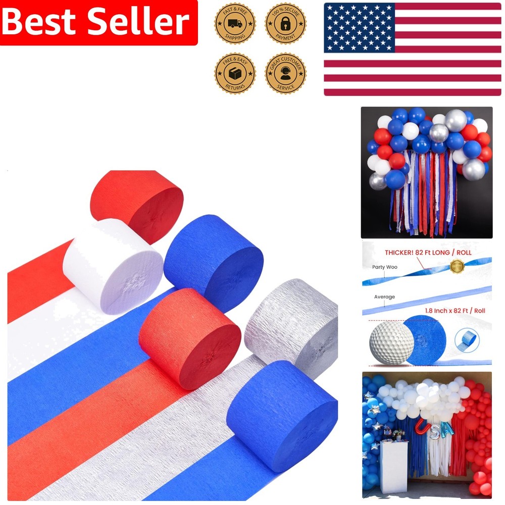 Vibrant Crepe Paper Streamers Red White Blue Silver 6 Rolls 492ft Patriotic P…