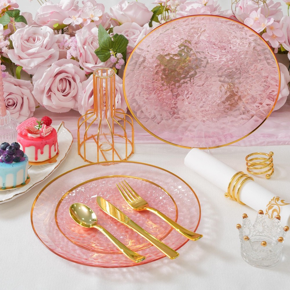 72Pcs Pink Plastic Plates, Pink Disposable Plates With Gold Rim, Hammered Par…