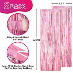 Sparkling Pink Tinsel Fringe Curtains 2 Pack, Foil Streamers Backdrop, Pink