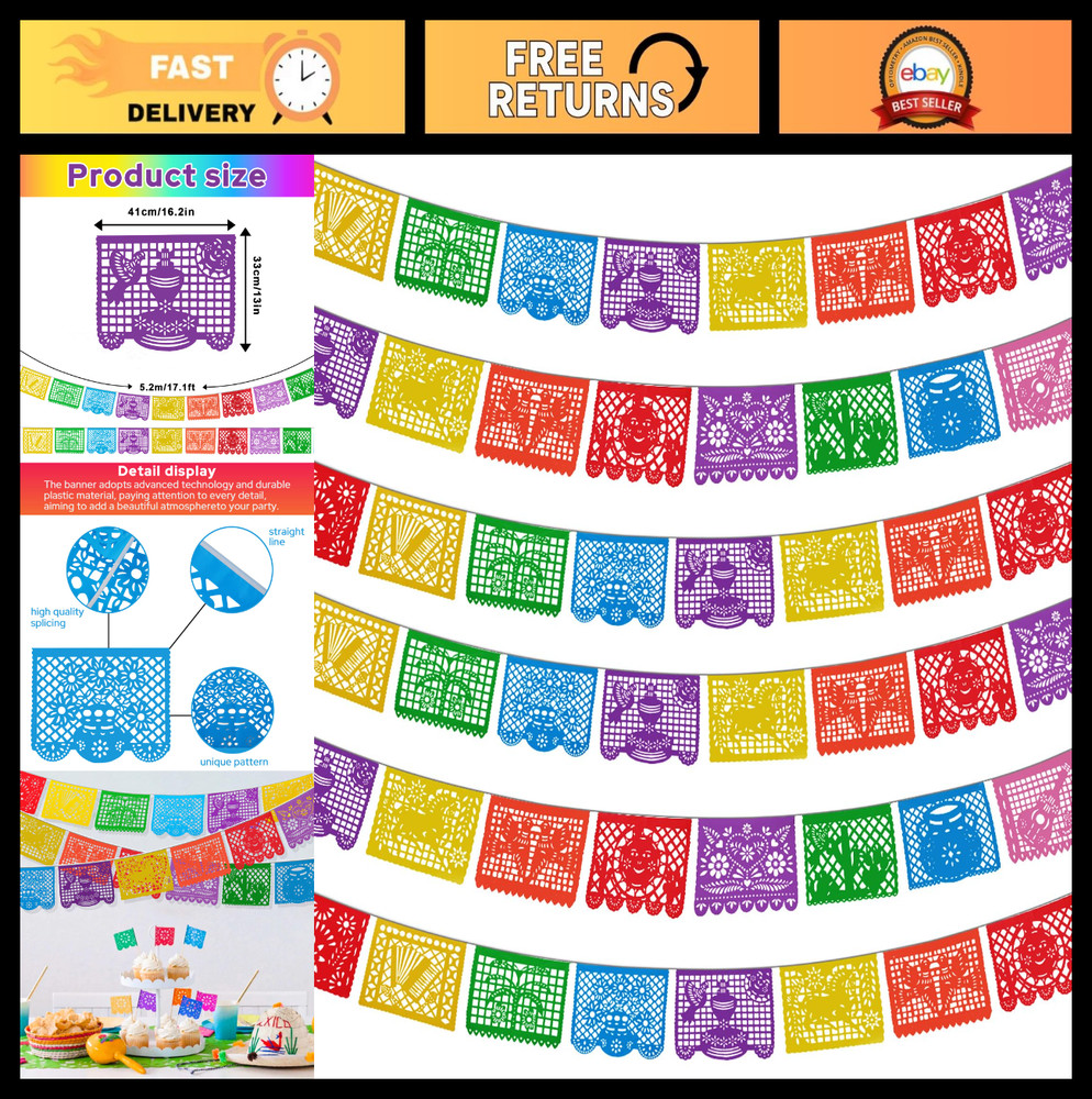 6 Pack Papel Picado Banners – 108 Ft Fiesta Party Decorations for Cinco de Mayo,
