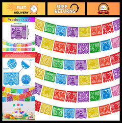 6 Pack Papel Picado Banners – 108 Ft Fiesta Party Decorations for Cinco de Mayo,