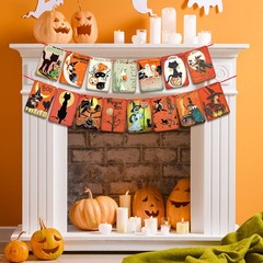 Vintage Halloween Decorations Trick or Treat Banner, Cats, Witches, Ghosts