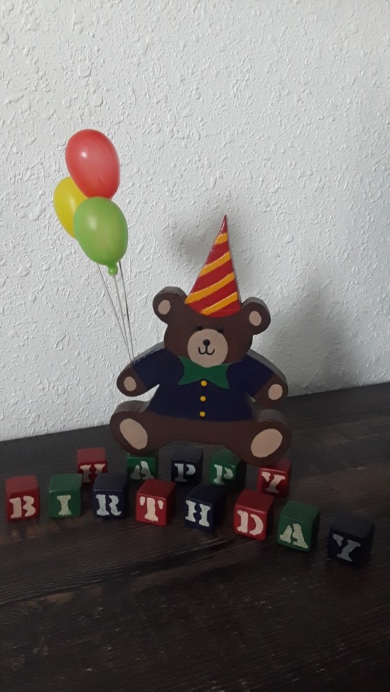 Vtg Handpainted Wood Happy Birthday Blocks & Teddy Bear Holding Balloons Decor