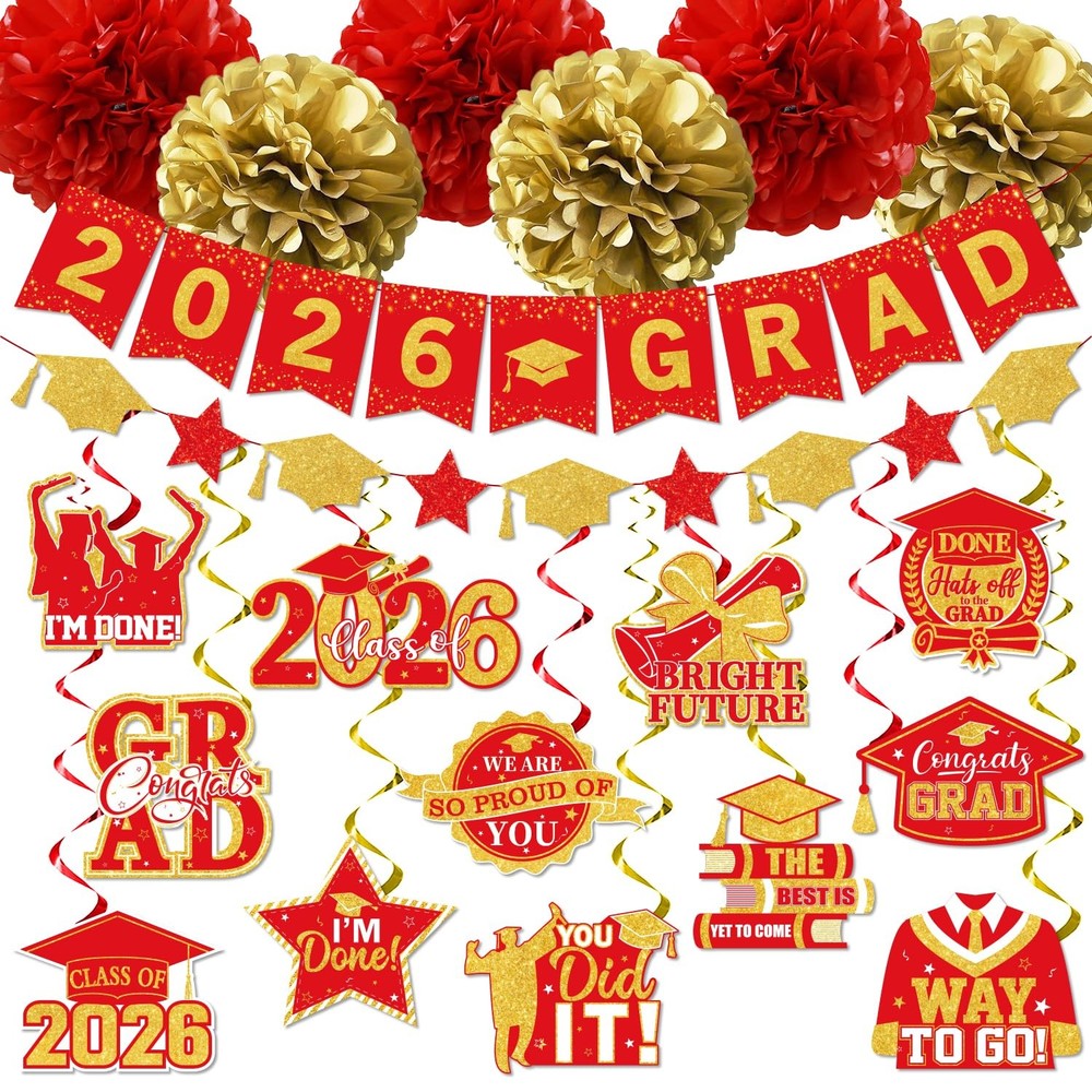 Red and Gold Graduation Decorations, 2026 Grad Banner Congrats Red&gold