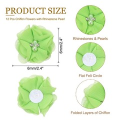 12Pcs 2″ Chiffon Flowers with Rhinestone Pearl Sewing Fabric Flowers,Light Green
