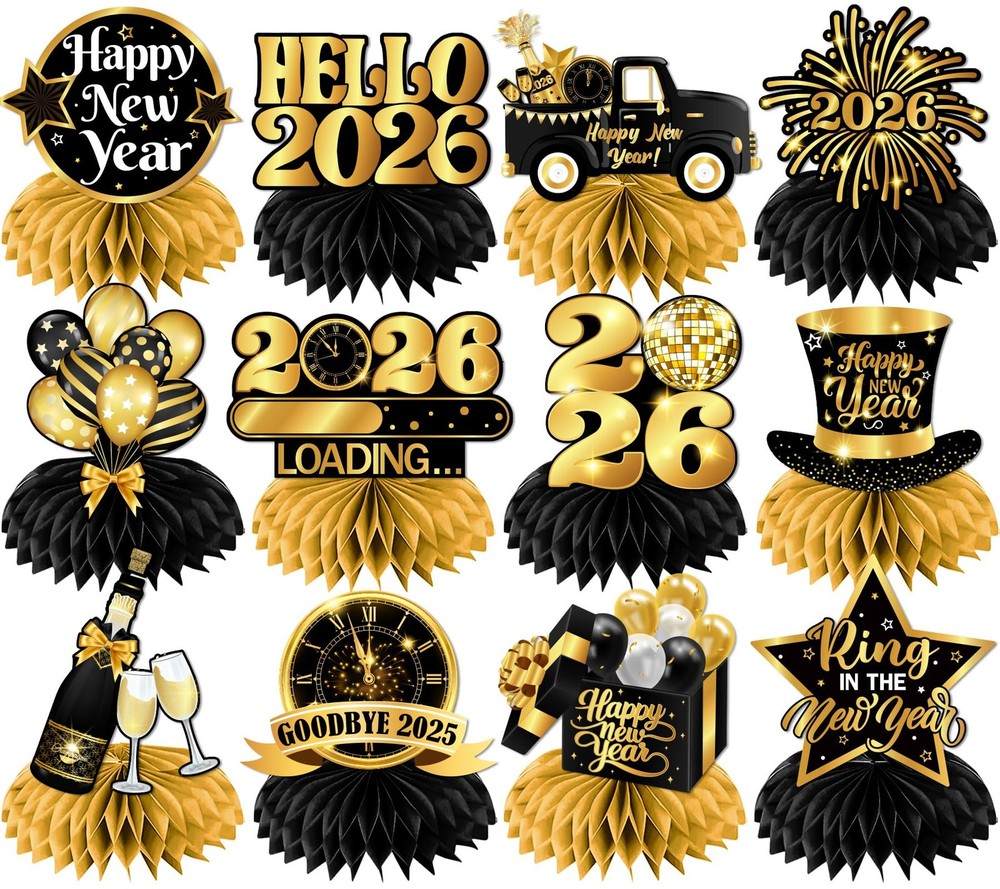 New Year Table Decorations 2026,12pcs Happy Honeycomb Gold