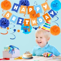 Orange Blue Birthday Decorations Set for Boys Men Women, Happy Birthday Banne…