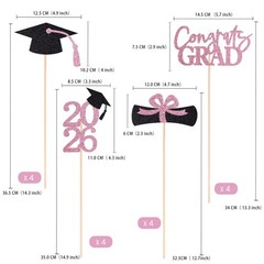 16 PCS Pink Black 2026 Graduation Centerpieces Tables Toppers Sticks Set of 4