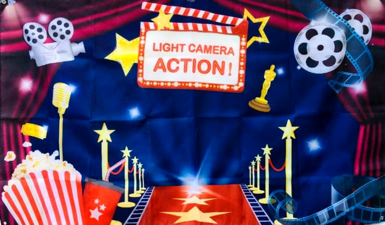 «Lights Camera Action» Party Movie Theater Banner/Backdrop 70×42″ with Grommets