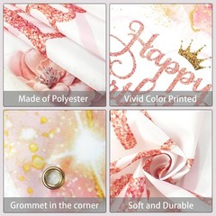 Rose Gold Happy Birthday Backdrop Banner Pink Rose Gold Birthday Decorations