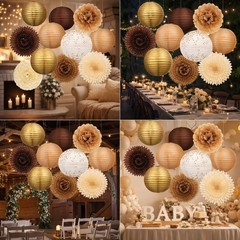14 PCS Exhale Party Brown Decorations Theme Set Paper Honeycomb Lantern Fan