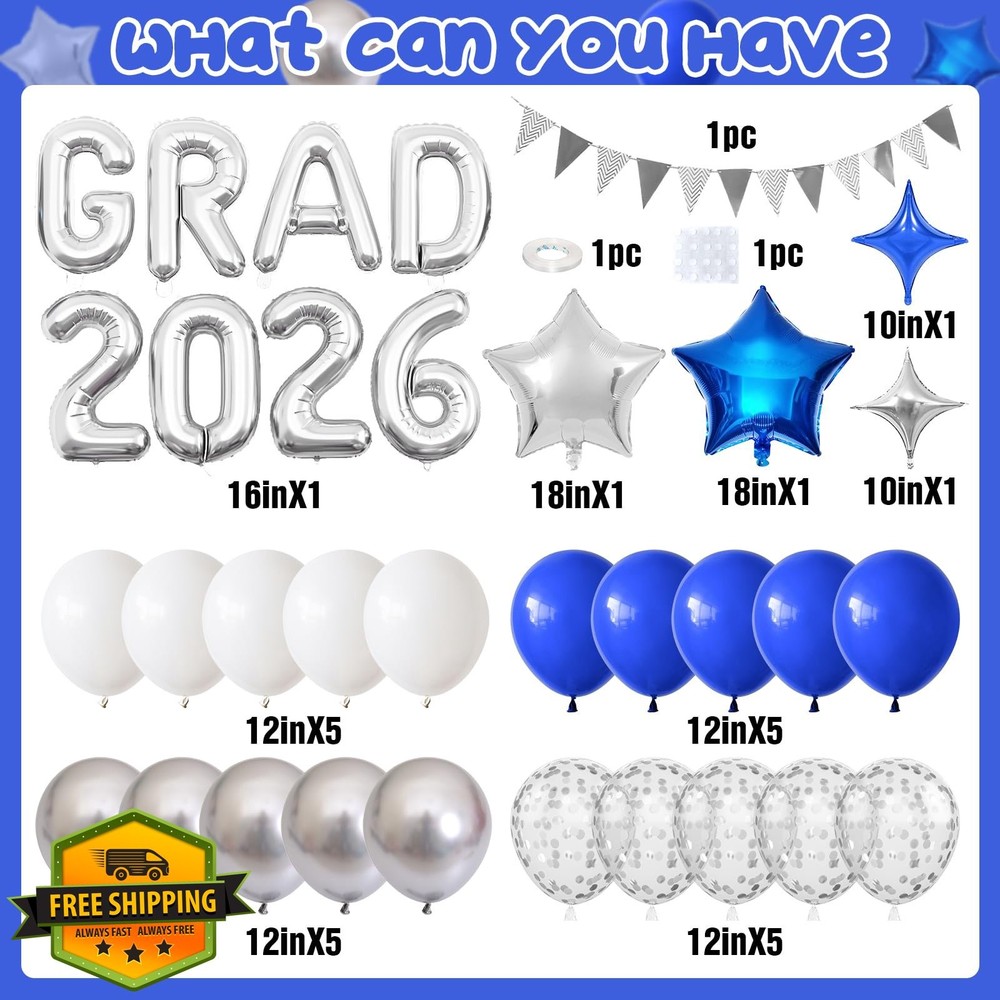 Graduation Decorations 2026 Blue Silver Banner Foil Balloons Class