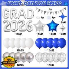 Graduation Decorations 2026 Blue Silver Banner Foil Balloons Class