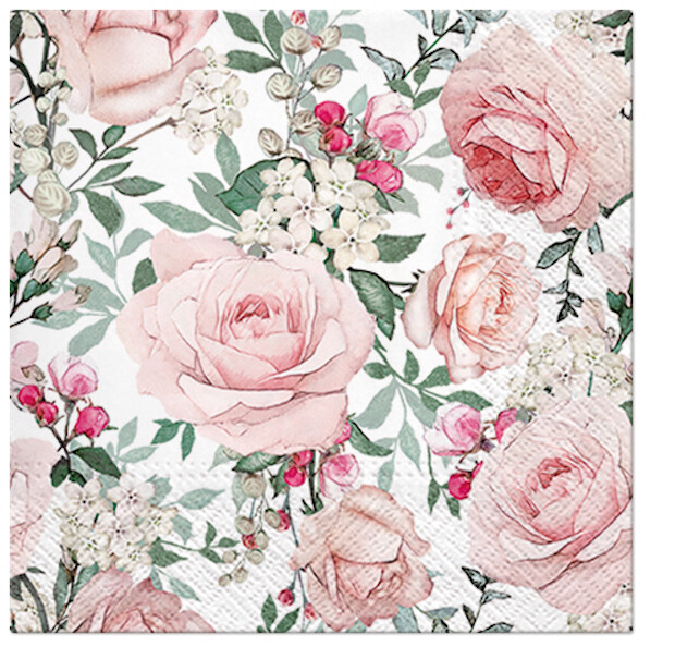 Wedding Powder Pink Roses with White Flowers Paper Lunch Napkins 40pcs Decoupage