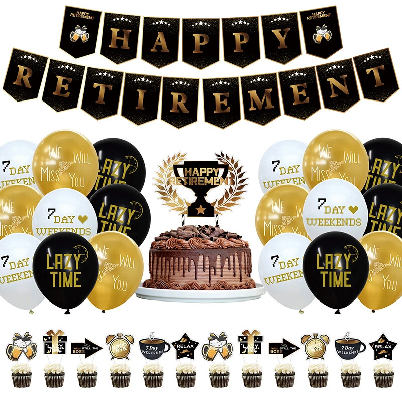 Happy Retirement Party Decor Golden Black Balloon Banner Farewell Party Supplies