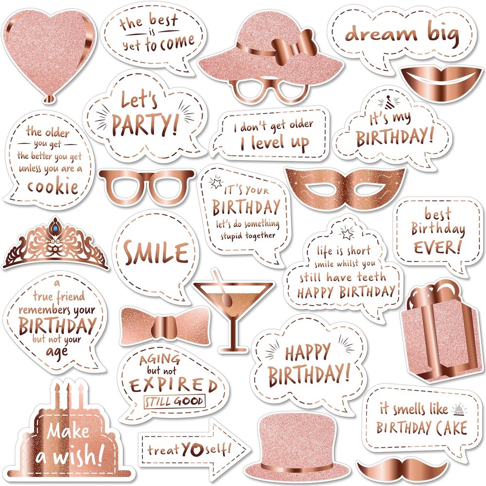 Premium Birthday Photo Booth Props Kit, 27 Pack of 27, White & Rose Gold