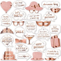 Premium Birthday Photo Booth Props Kit, 27 Pack of 27, White & Rose Gold