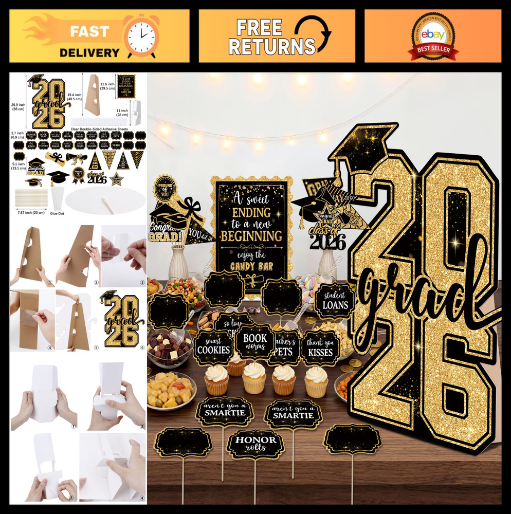 2026 Graduation Candy Buffet Decor – Black Gold Signs & Food Labels Set for Part