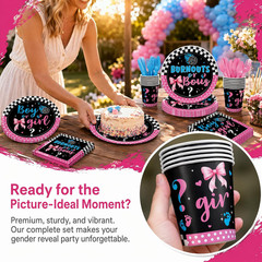 120PCS Burnouts or Bows Themed Party Supplies Pink or Blue Gender Reveal Baby Sh