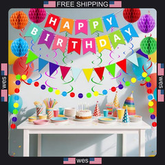 Fecedy Happy Birthday Banner With Colorful Paper Flag Bunting Paper Circle