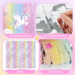 2Pack Unicorn Birthday Decorations 3.3X6.6Ft Unicorn Backdrop Foil Fringe Curtai
