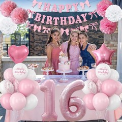 16th Decorations for Girls Pink Number 16 Balloon Bow Coquette Happy Banner F…